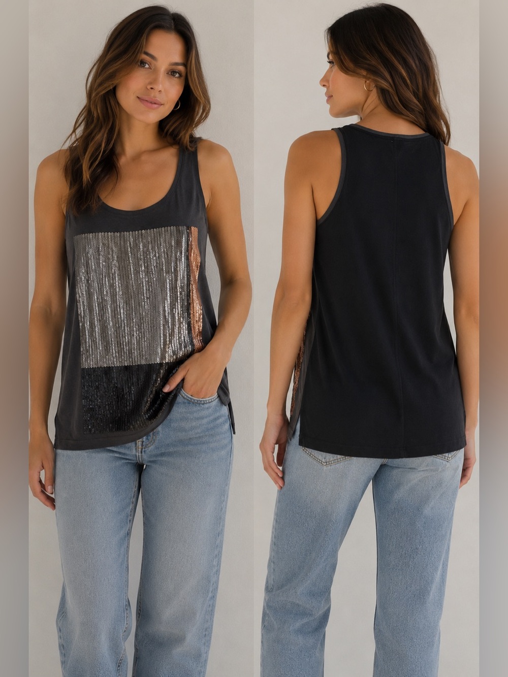 Y2K vintage Express Women's Sequin Black Extra-Long Tank Top Size S